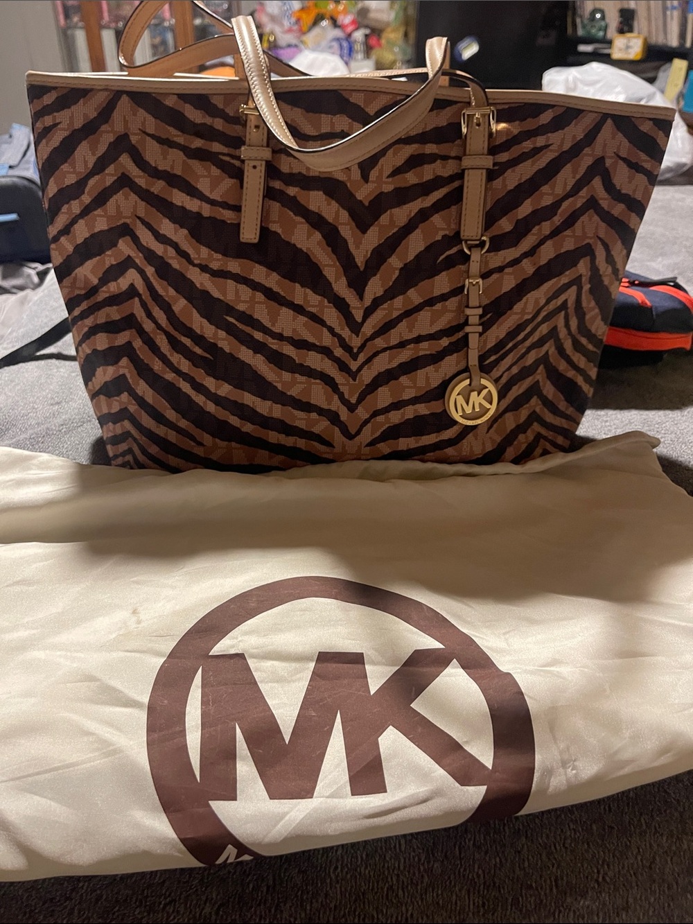 Michael Kors Brown and Tan Zebra-Print Tote with Gold MK Charm